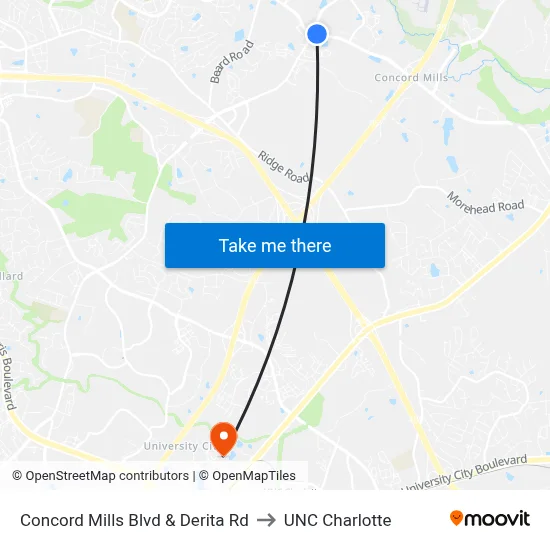 Concord Mills Blvd & Derita Rd to UNC Charlotte map