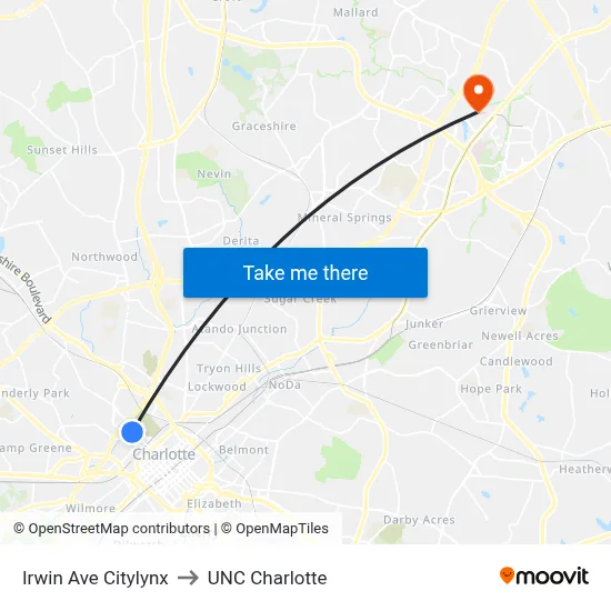 Irwin Ave Citylynx to UNC Charlotte map