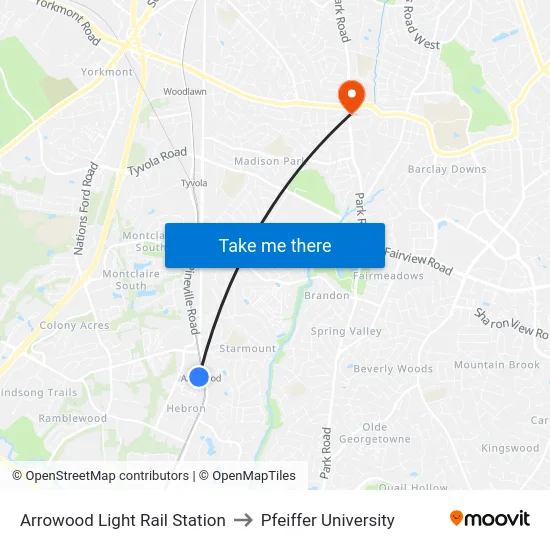 Arrowood Light Rail Station to Pfeiffer University map