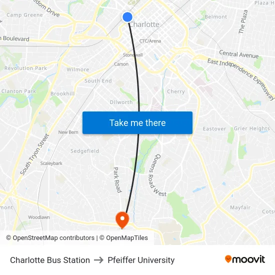 Charlotte Bus Station to Pfeiffer University map