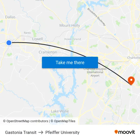 Gastonia Transit to Pfeiffer University map