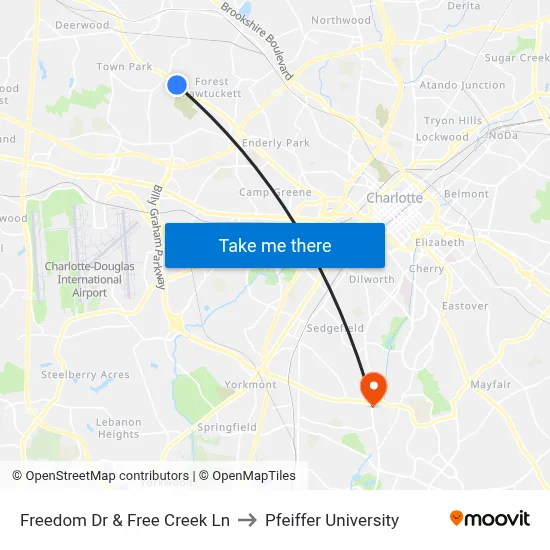 Freedom Dr & Free Creek Ln to Pfeiffer University map
