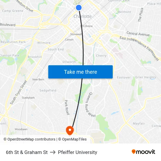 6th St & Graham St to Pfeiffer University map