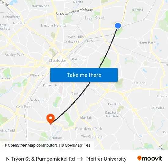 N Tryon St & Pumpernickel Rd to Pfeiffer University map