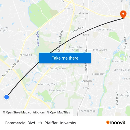 Commercial Blvd. to Pfeiffer University map