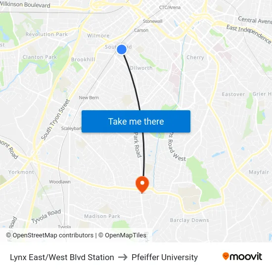 Lynx East/West Blvd Station to Pfeiffer University map