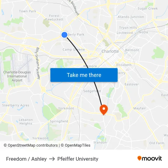 Freedom / Ashley to Pfeiffer University map