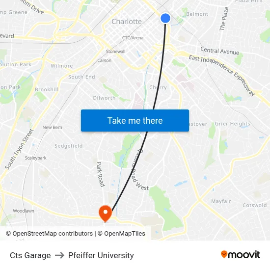 Cts Garage to Pfeiffer University map