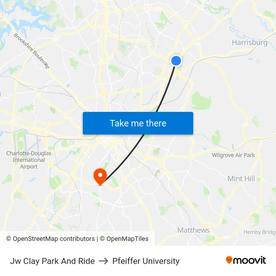 Jw Clay Park And Ride to Pfeiffer University map