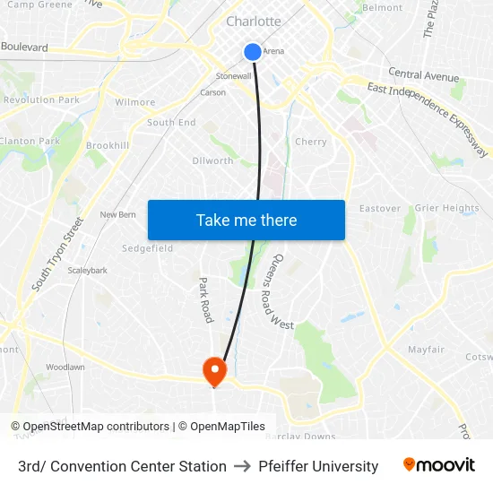 3rd/ Convention Center Station to Pfeiffer University map