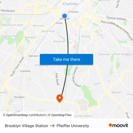 Brooklyn Village Station to Pfeiffer University map