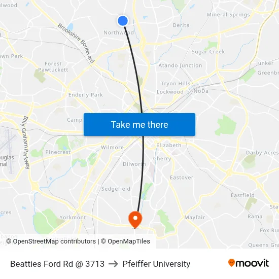 Beatties Ford Rd @ 3713 to Pfeiffer University map
