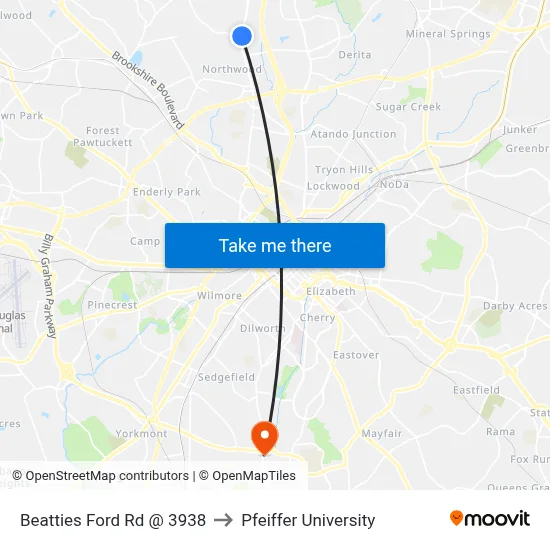 Beatties Ford Rd @ 3938 to Pfeiffer University map