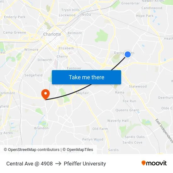 Central Ave @ 4908 to Pfeiffer University map