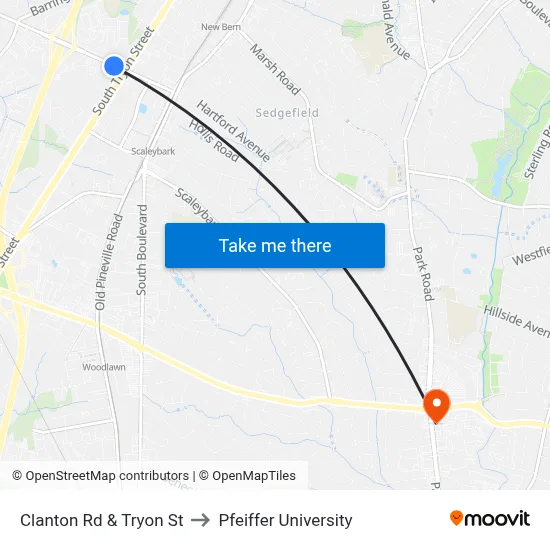 Clanton Rd & Tryon St to Pfeiffer University map