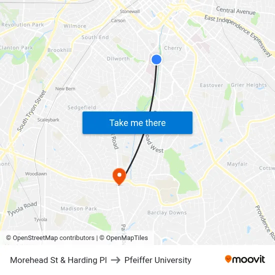 Morehead St & Harding Pl to Pfeiffer University map