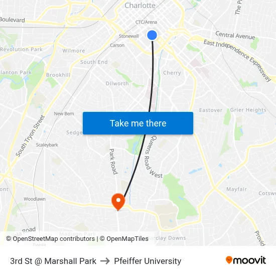 3rd St @ Marshall Park to Pfeiffer University map