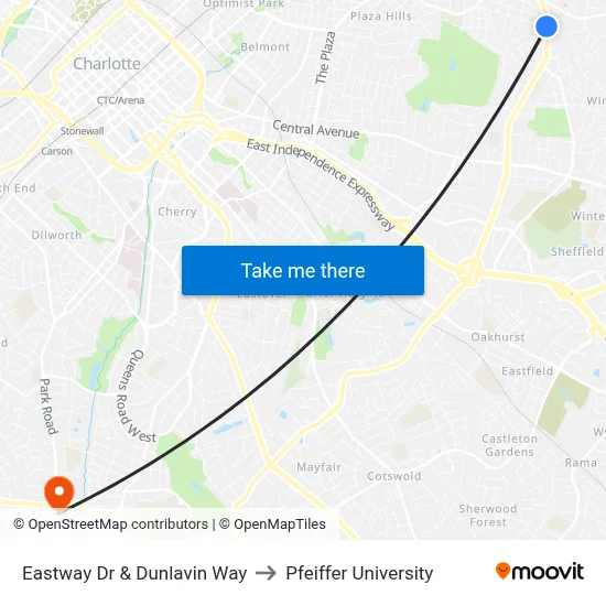 Eastway Dr & Dunlavin Way to Pfeiffer University map
