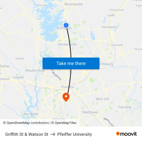 Griffith St & Watson St to Pfeiffer University map