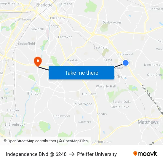 Independence Blvd @ 6248 to Pfeiffer University map