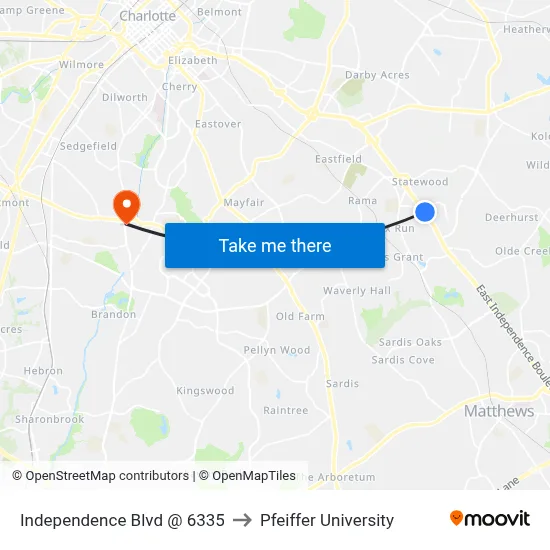 Independence Blvd @ 6335 to Pfeiffer University map