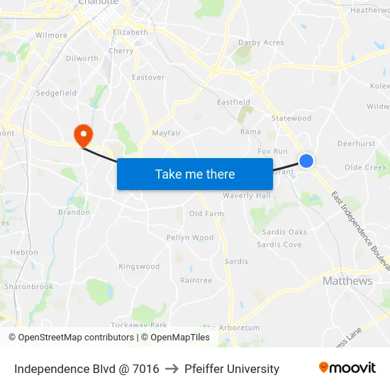 Independence Blvd @ 7016 to Pfeiffer University map