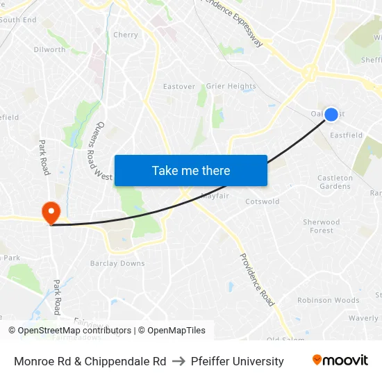 Monroe Rd & Chippendale Rd to Pfeiffer University map