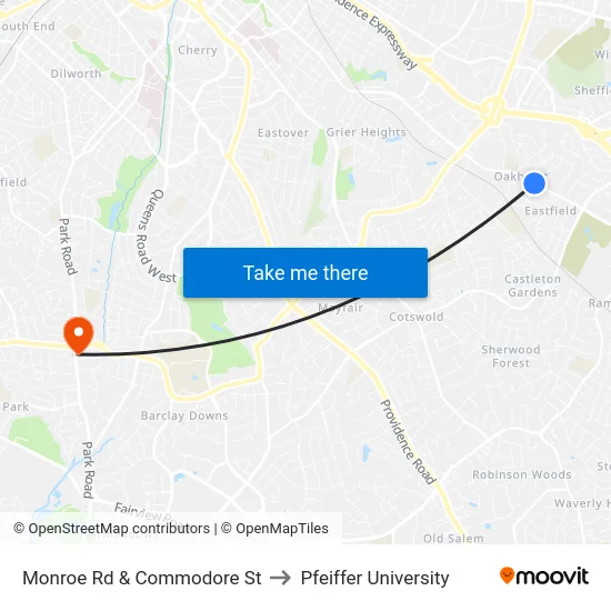 Monroe Rd & Commodore St to Pfeiffer University map