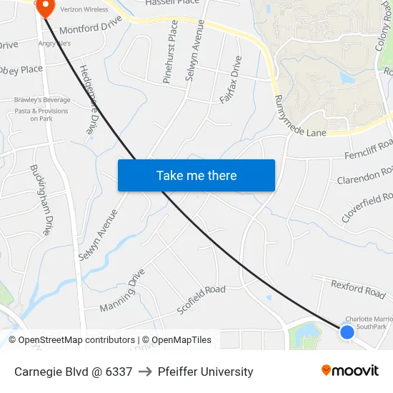 Carnegie Blvd @ 6337 to Pfeiffer University map