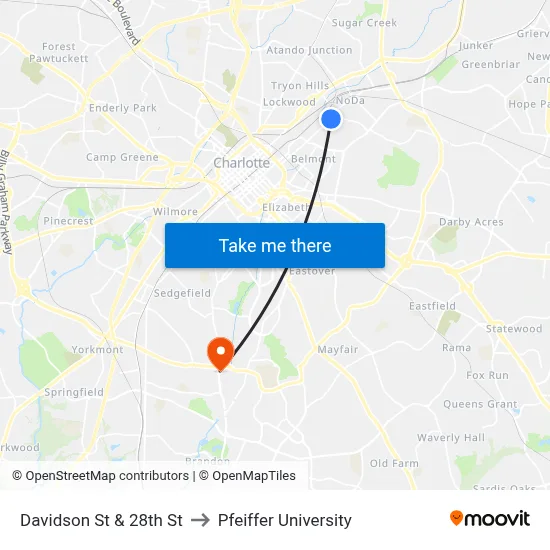 Davidson St & 28th St to Pfeiffer University map
