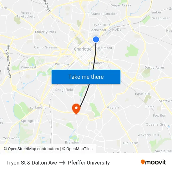 Tryon St & Dalton Ave to Pfeiffer University map