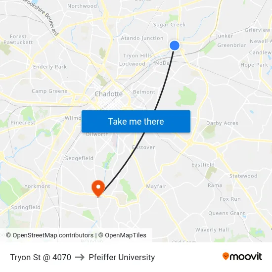 Tryon St @ 4070 to Pfeiffer University map