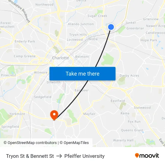 Tryon St & Bennett St to Pfeiffer University map