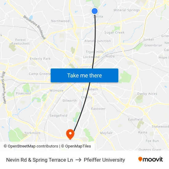 Nevin Rd & Spring Terrace Ln to Pfeiffer University map