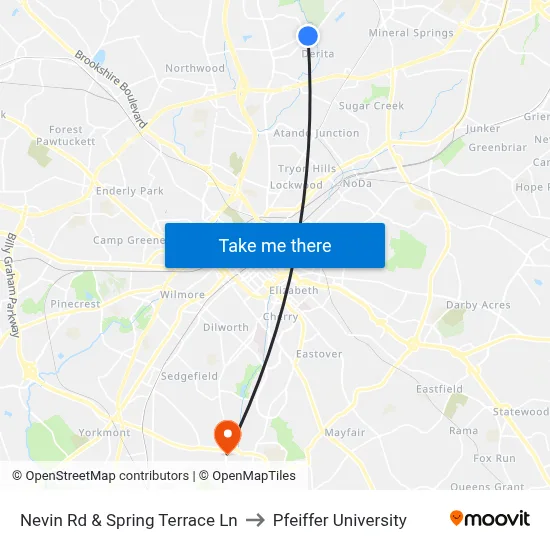 Nevin Rd & Spring Terrace Ln to Pfeiffer University map