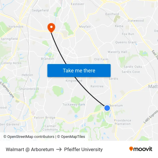 Walmart @ Arboretum to Pfeiffer University map