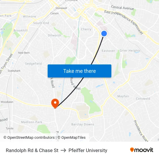 Randolph Rd & Chase St to Pfeiffer University map