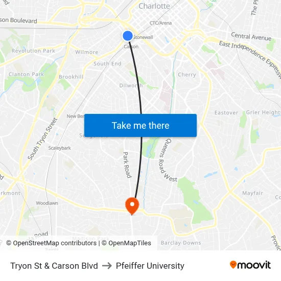 Tryon St & Carson Blvd to Pfeiffer University map