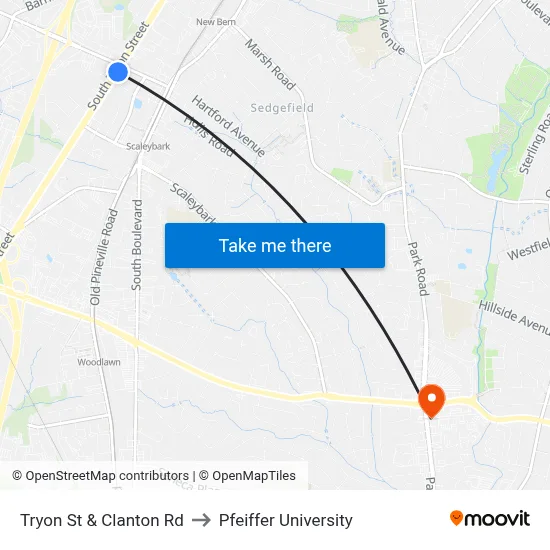 Tryon St & Clanton Rd to Pfeiffer University map