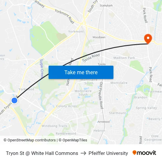 Tryon St @ White Hall Commons to Pfeiffer University map