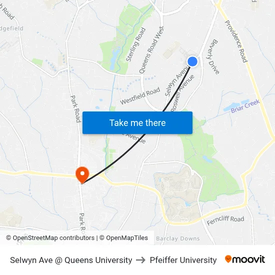 Selwyn Ave @ Queens University to Pfeiffer University map