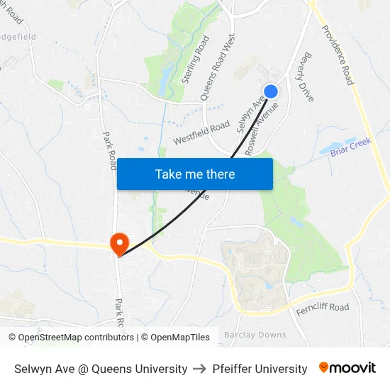 Selwyn Ave @ Queens University to Pfeiffer University map