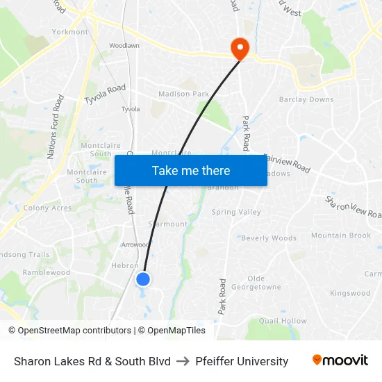 Sharon Lakes Rd & South Blvd to Pfeiffer University map