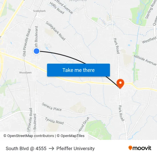South Blvd @ 4555 to Pfeiffer University map
