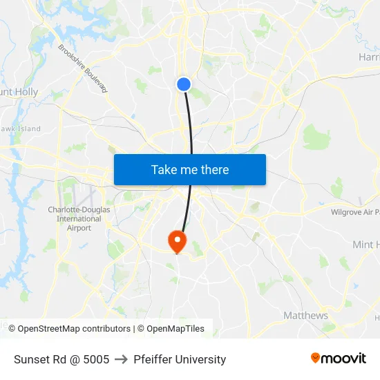 Sunset Rd @ 5005 to Pfeiffer University map