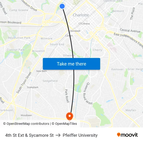 4th St Ext & Sycamore St to Pfeiffer University map