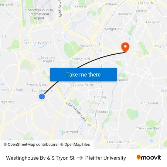 Westinghouse Bv & S Tryon St to Pfeiffer University map