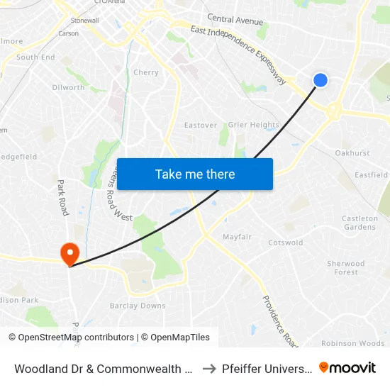 Woodland Dr & Commonwealth Ave to Pfeiffer University map