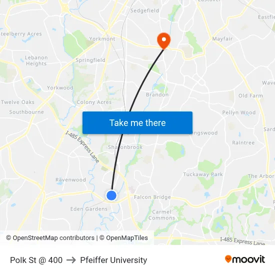 Polk St @ 400 to Pfeiffer University map