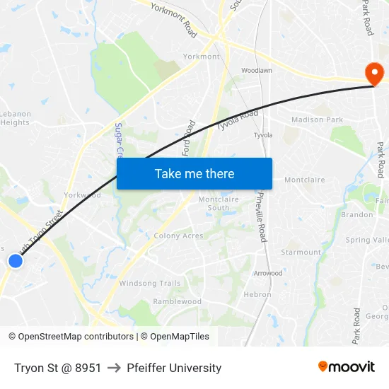 Tryon St @ 8951 to Pfeiffer University map